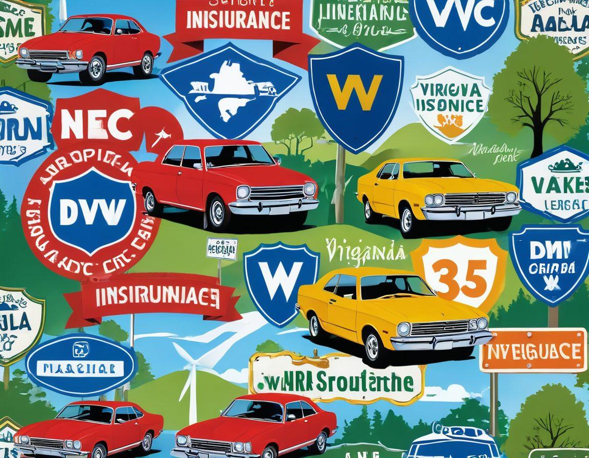 A vibrant collage showcasing various car insurance symbols representing coverage options in Virginia, combined with iconic DMV elements like a license plate and entrance sign. Scenes of peaceful Virginia landscapes in the background enhance the theme of safety and security. Include diverse cars and happy families. Vector art. Bright colors.
