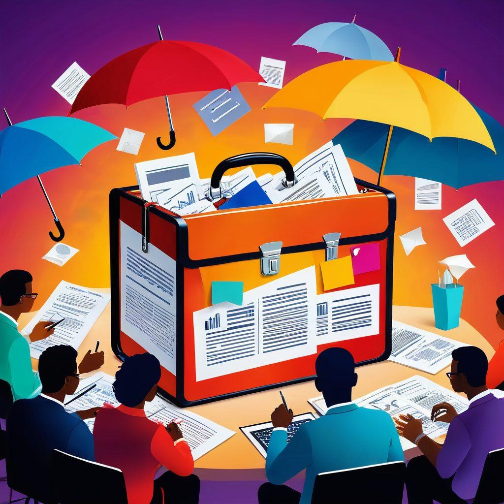 A dynamic visual representation of various insurance policies emerging from an open briefcase, surrounded by symbols of security like shields and umbrellas. In the background, a diverse group of people discussing and analyzing charts and documents. Bright colors that symbolize confidence and protection. super-realistic. vibrant colors. high contrast.