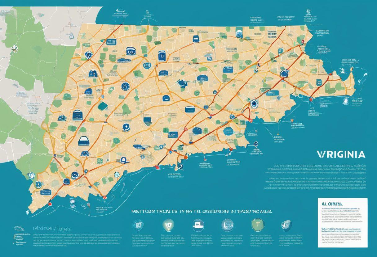 A comprehensive visual infographic illustrating Virginia's auto coverage options and liability insurance details. Showcase key insurance symbols like cars, dollar signs, and coverage shields interconnected with vibrant lines. Include a map outline of Virginia subtly in the background, enhancing the state-specific theme. Use a clean, modern design with engaging colors to invite the reader's attention. vector art. vibrant colors.